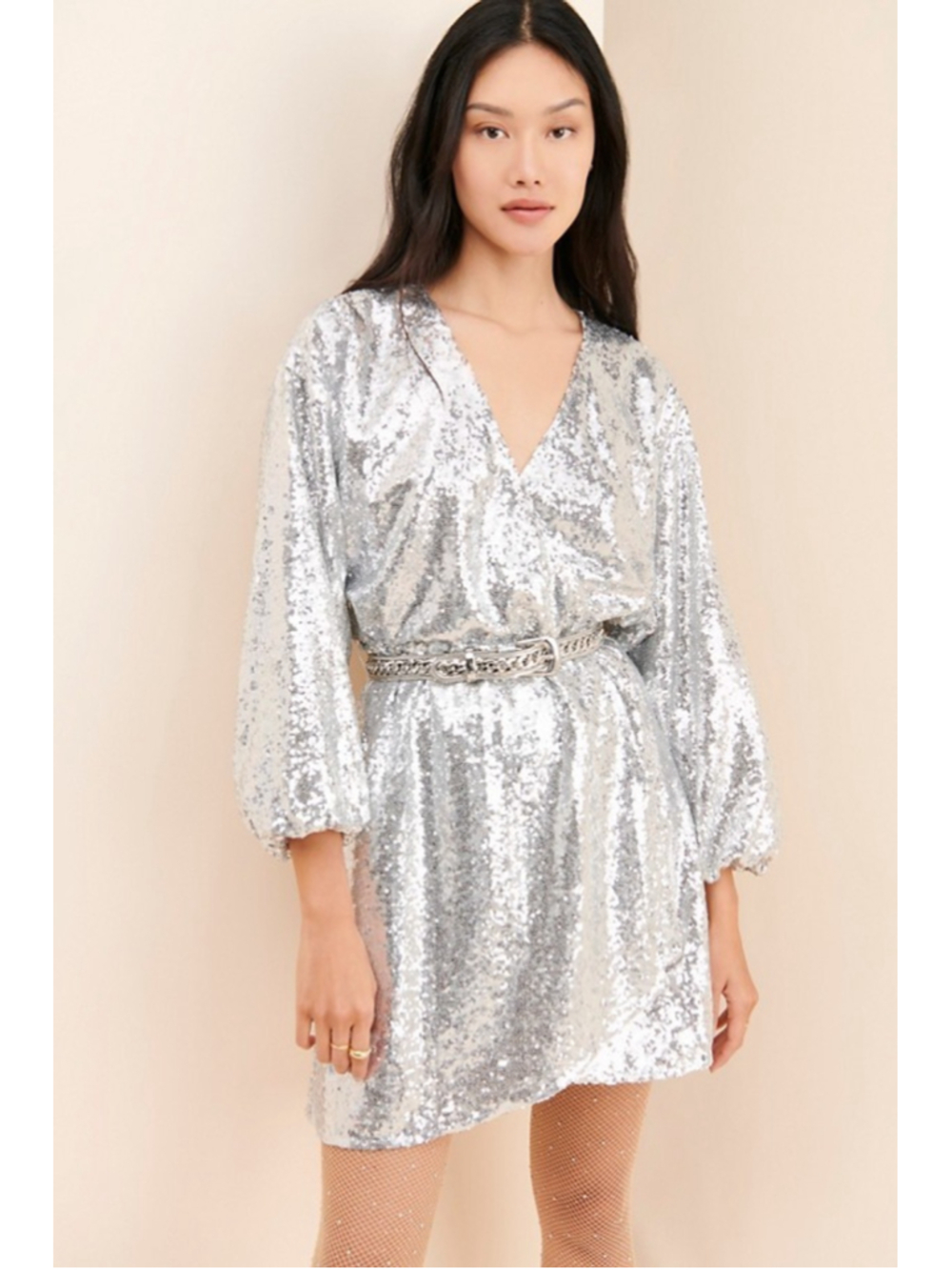 Anthropologie Lisabette Silver Sequin Wrap Mini Dress Sz M Party Disco Glam NYE